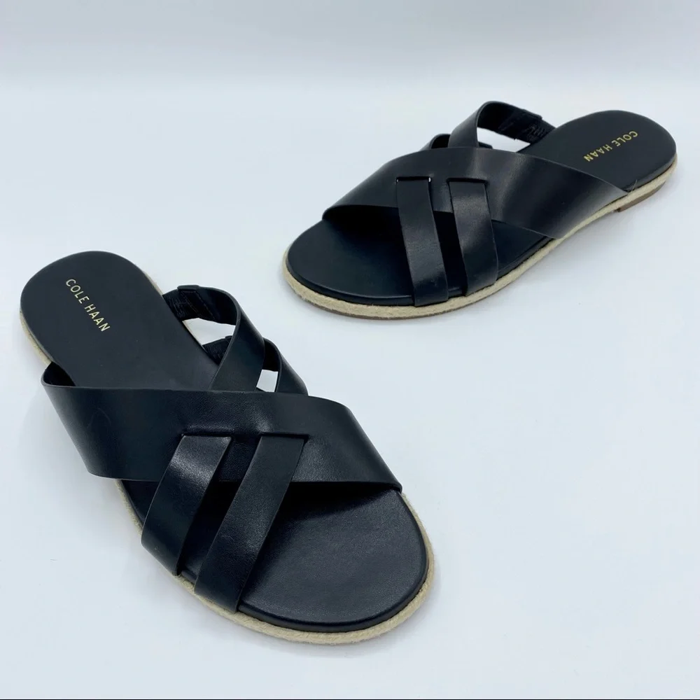 Cole Haan Black Leather Florens Espadrille Slide Sandal Size 7